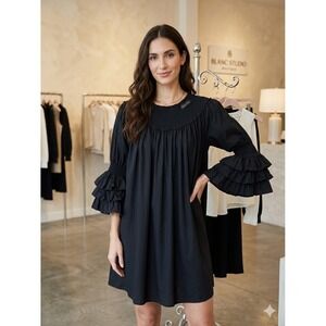 Blanc Studio Babydoll Dress Womens Black Smocked Tiered Ruffle Sleeve Mini